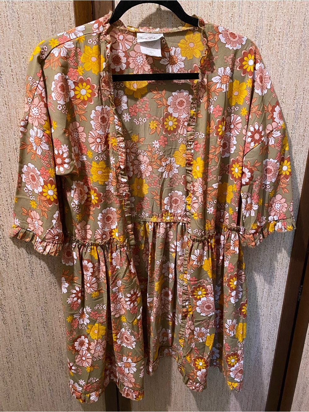Rare Editions Tan Floral Ruffle Kimono with Pink & Yellow Blooms